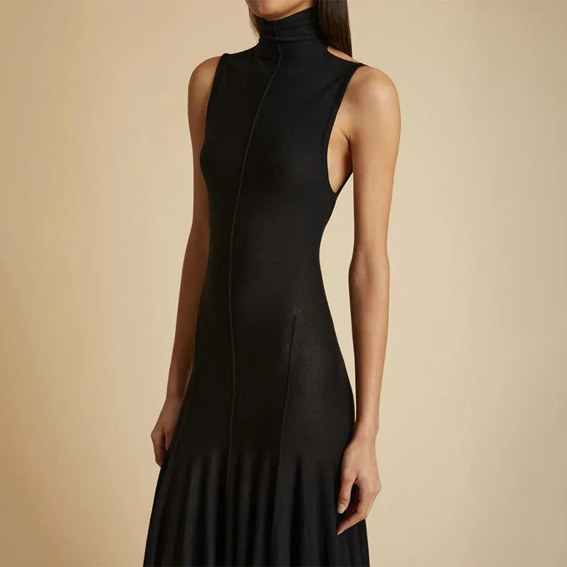Grey slim-fit sleeveless women's dress with a half turtleneck and backless design.