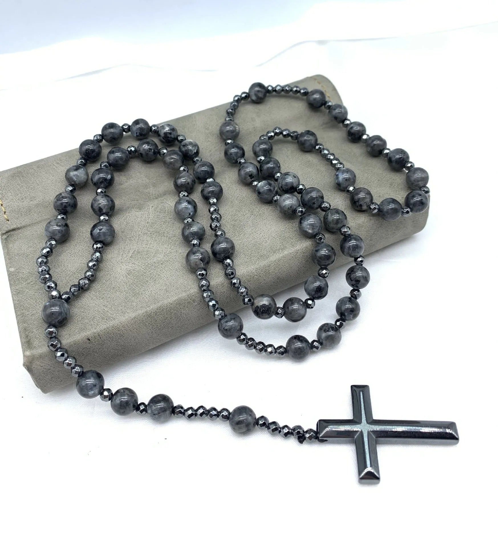 Men's stone cross pendant necklace on an 80cm ball bead chain with a safety lock