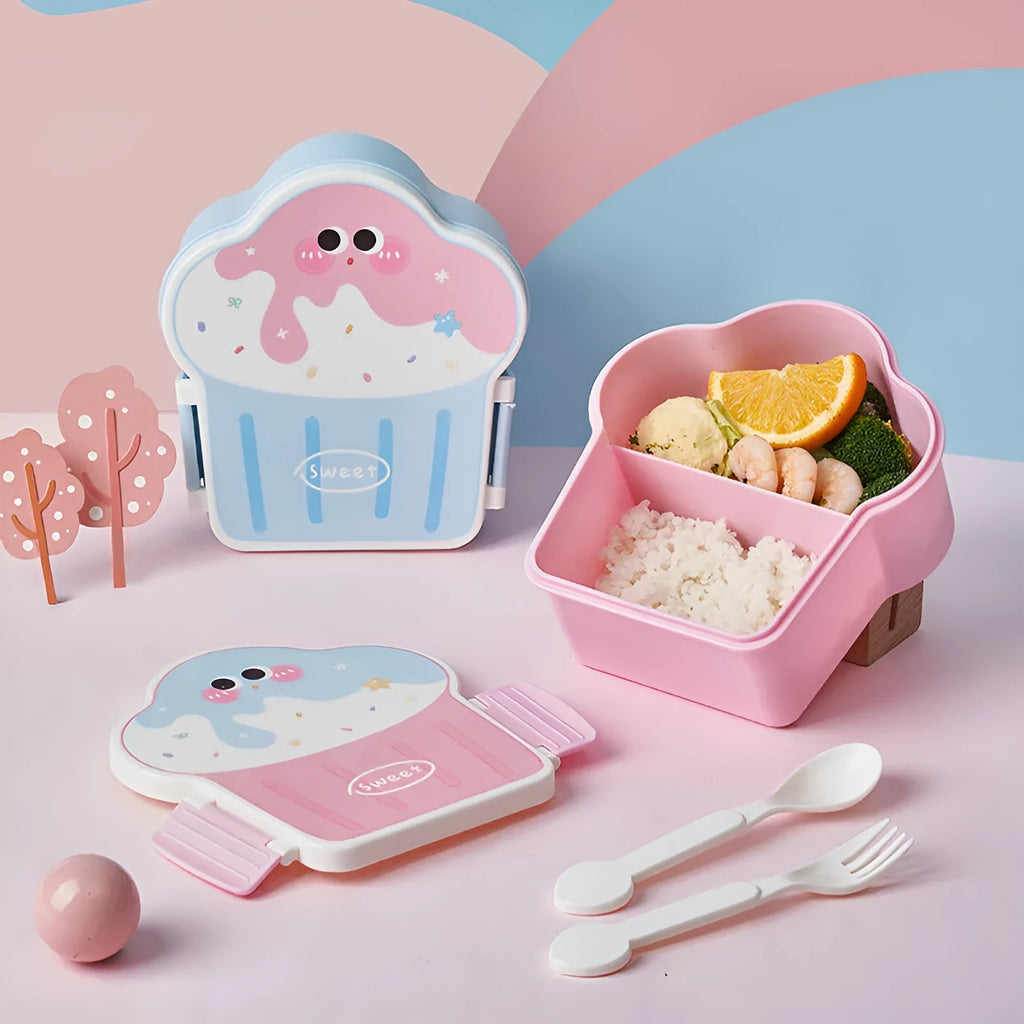 Ice cream shaped plastic lunch box with spoon and fork set in pink or blue colours