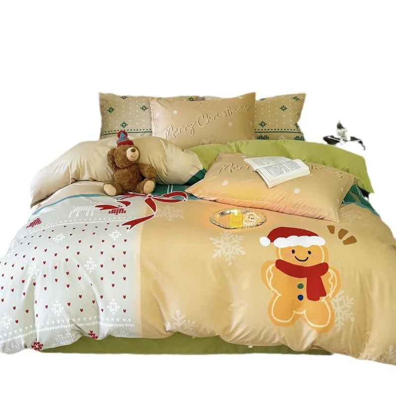 Christmas cartoon printed bedding four-piece set with gingerbread man designs on super soft washed cotton