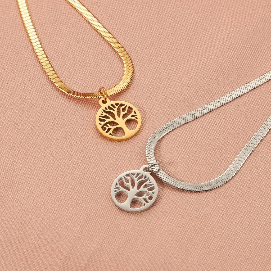Stainless steel lucky tree pendant clavicle necklace with adjustable snake bones chain