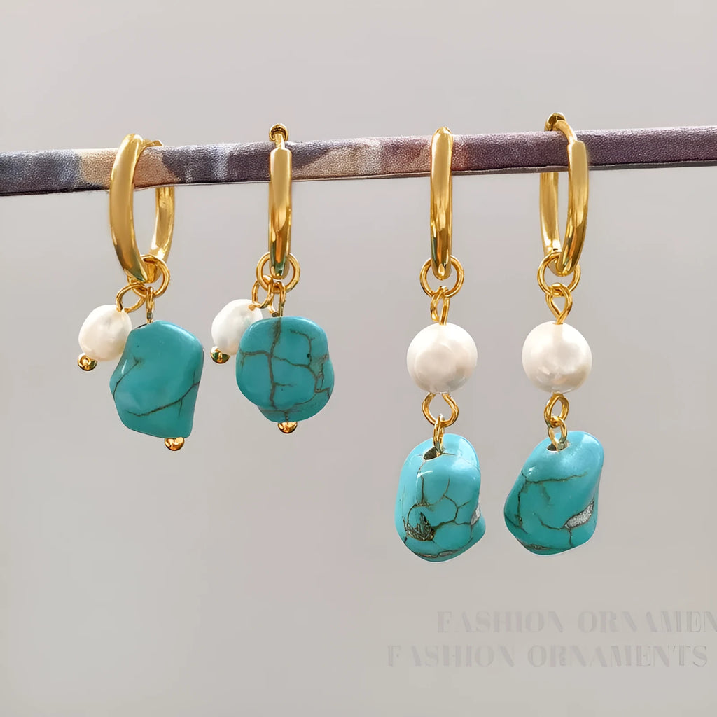 Turquoise and cultured pearl geometric earring set with short stud and long dangle copper earrings