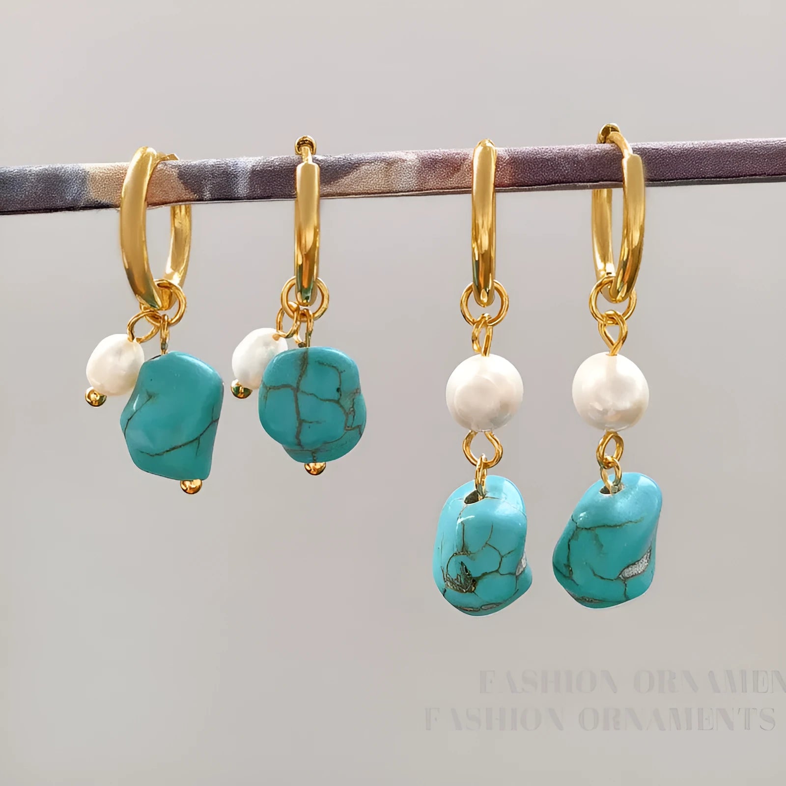 Turquoise and cultured pearl geometric earring set with short stud and long dangle copper earrings