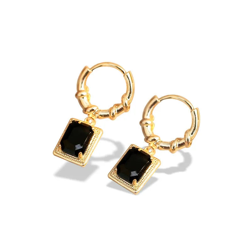 Geometric quadrilateral black zircon copper earrings with French court retro design