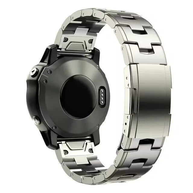Garmin Fenix smartwatch replacement strap in silver, black and titanium colour options showing 22mm and 26mm width sizes