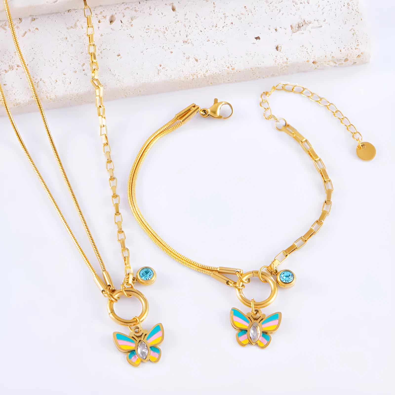 Gold titanium steel butterfly necklace and bracelet set with snake bone chain styling