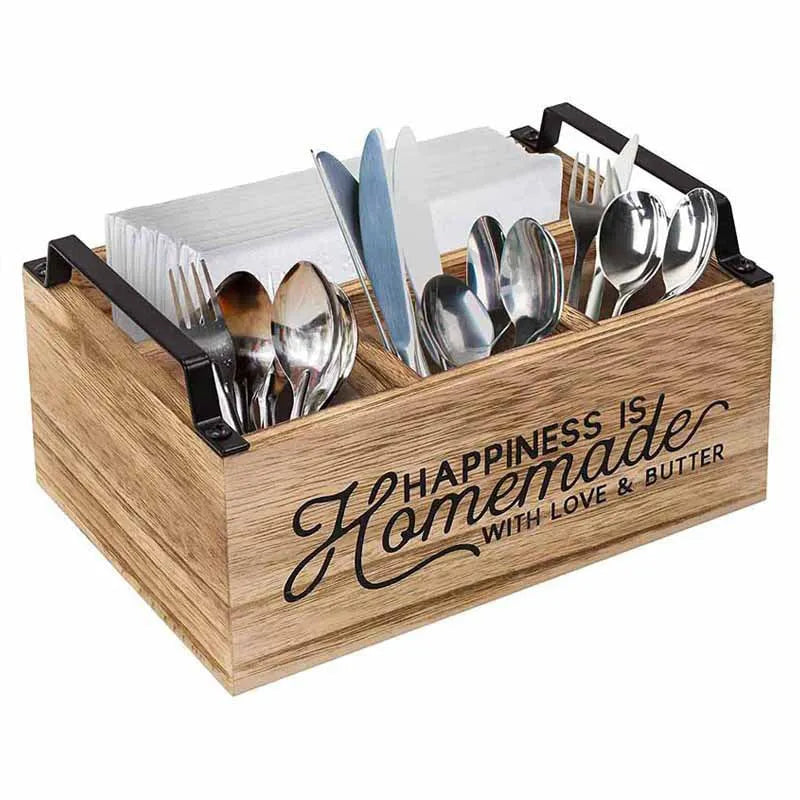 Large wooden kitchen storage box with grid dividers for organising cutlery and utensils