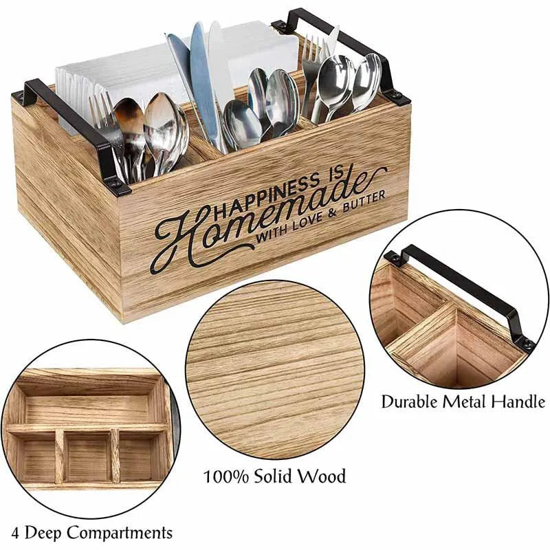 Large wooden kitchen storage box with grid dividers for organising cutlery and utensils