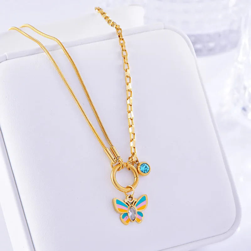 Gold titanium steel butterfly necklace and bracelet set with snake bone chain styling