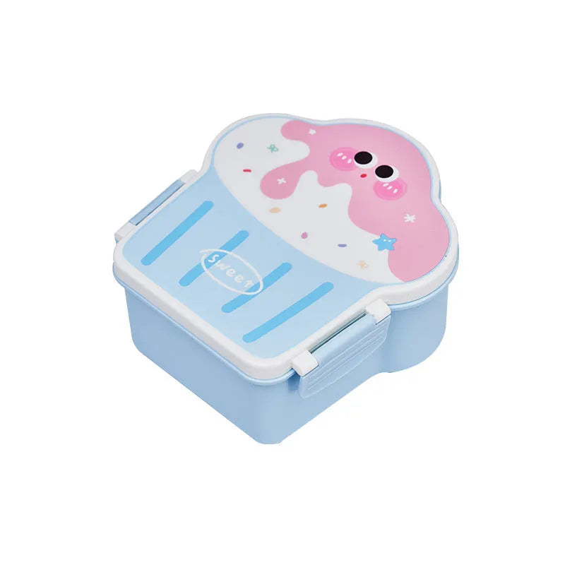 Ice cream shaped plastic lunch box with spoon and fork set in pink or blue colours
