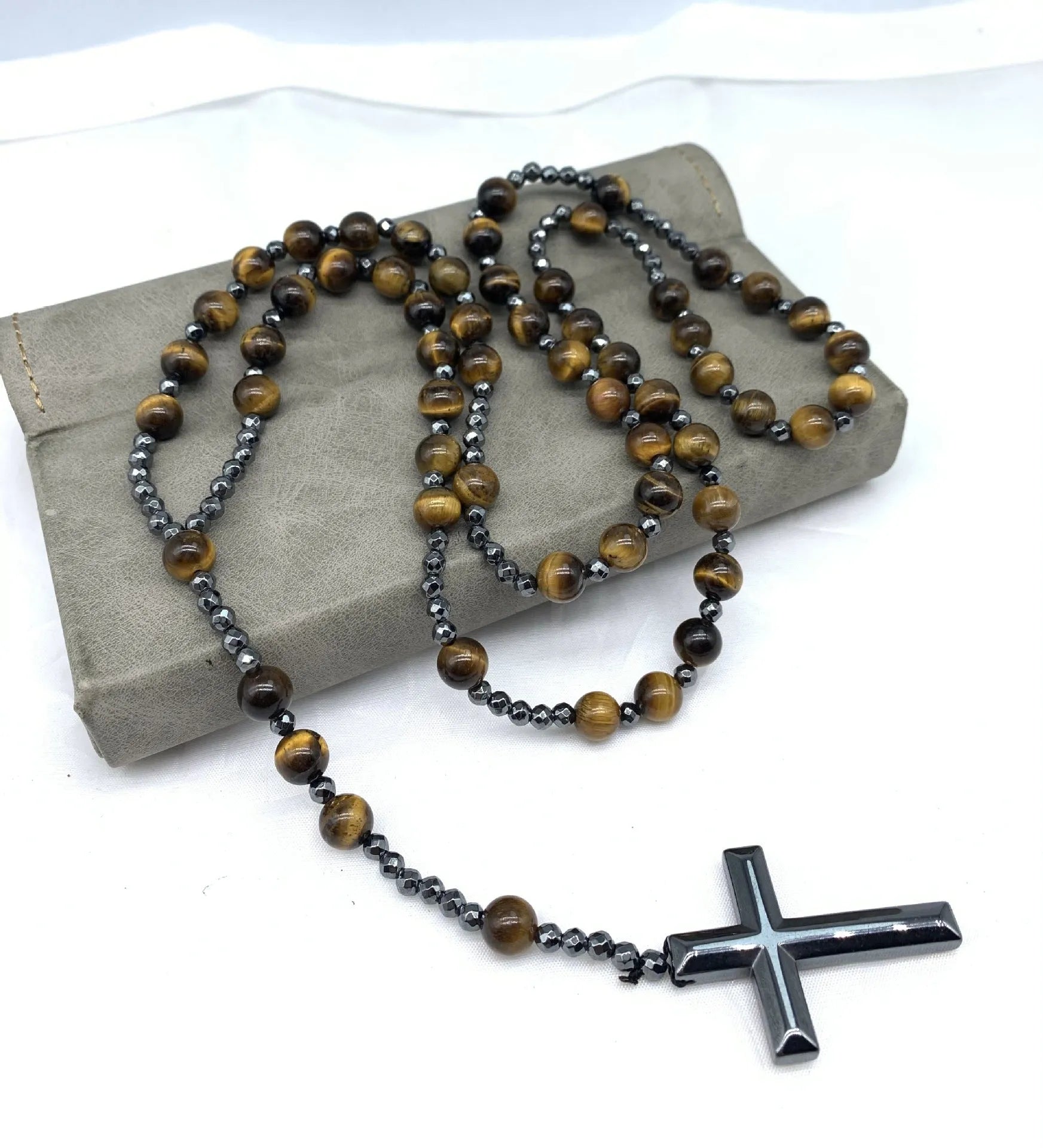 Men's stone cross pendant necklace on an 80cm ball bead chain with a safety lock