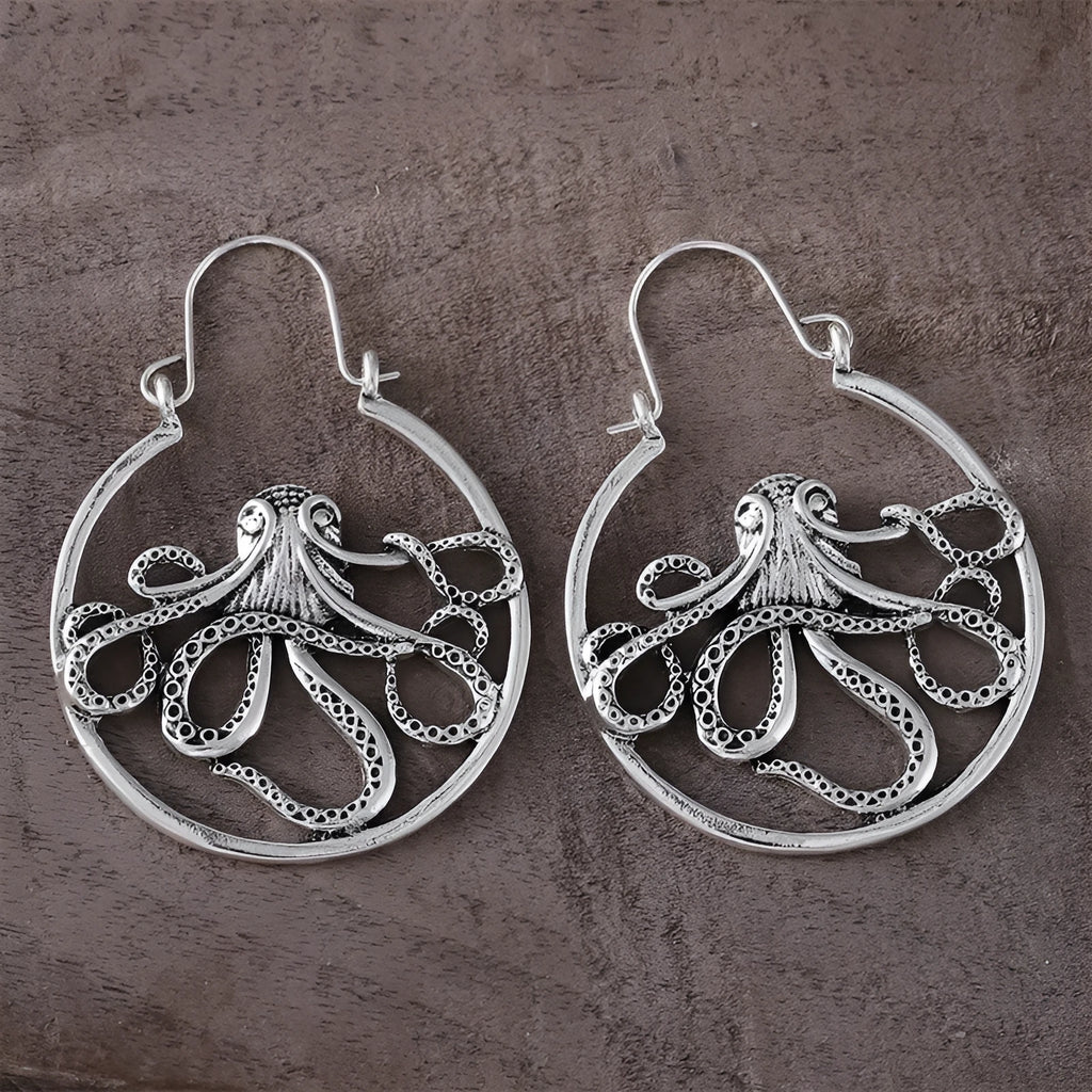 Octopus earrings antique silver finish zinc alloy electroplated retro style