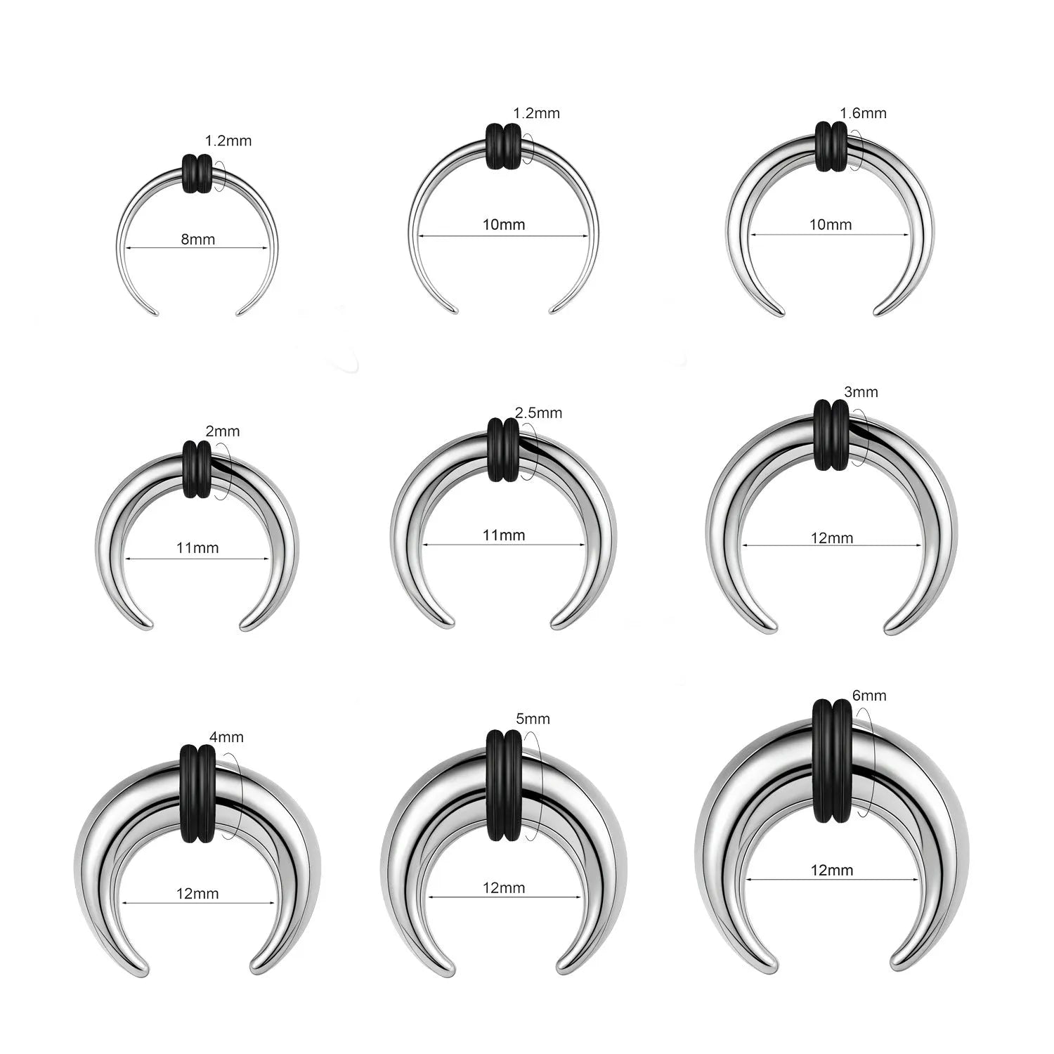 316L steel C-shaped nose ring in black and steel colour on a plain background, showing geometric shape.