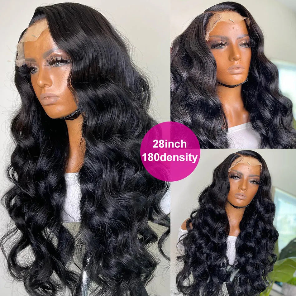 Black synthetic front lace wig with long curly hair and side-swept bangs