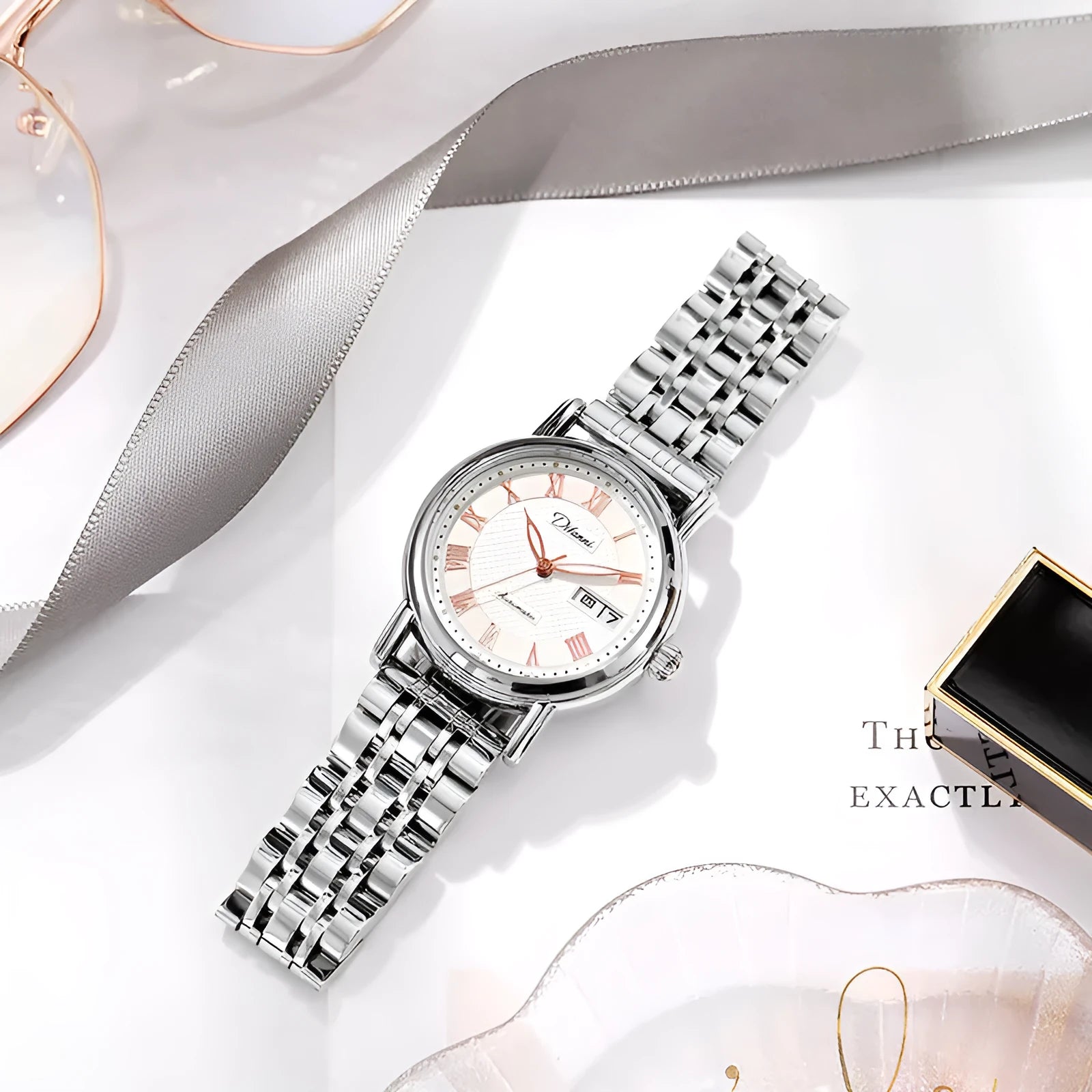 6023B automatic women's mechanical watch in steel and leather strap options on wrist