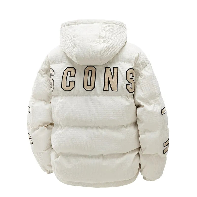 Men's black hooded padded cardigan coat with Korean style letter print on the chest.