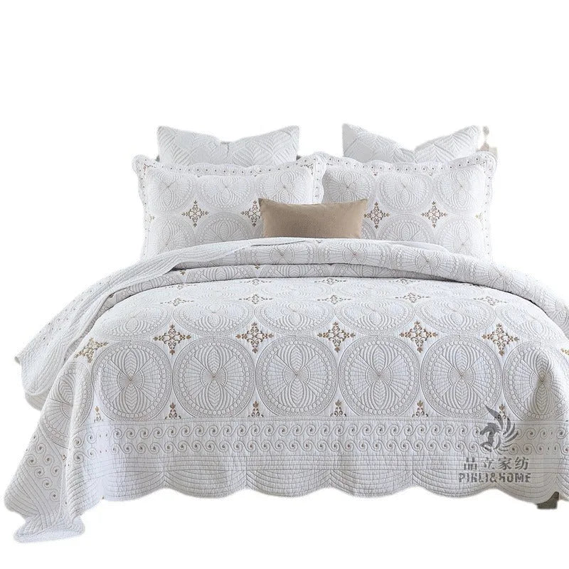 European-style double thick pure cotton bed cover set with embroidery, includes one cover and two pillowcases.