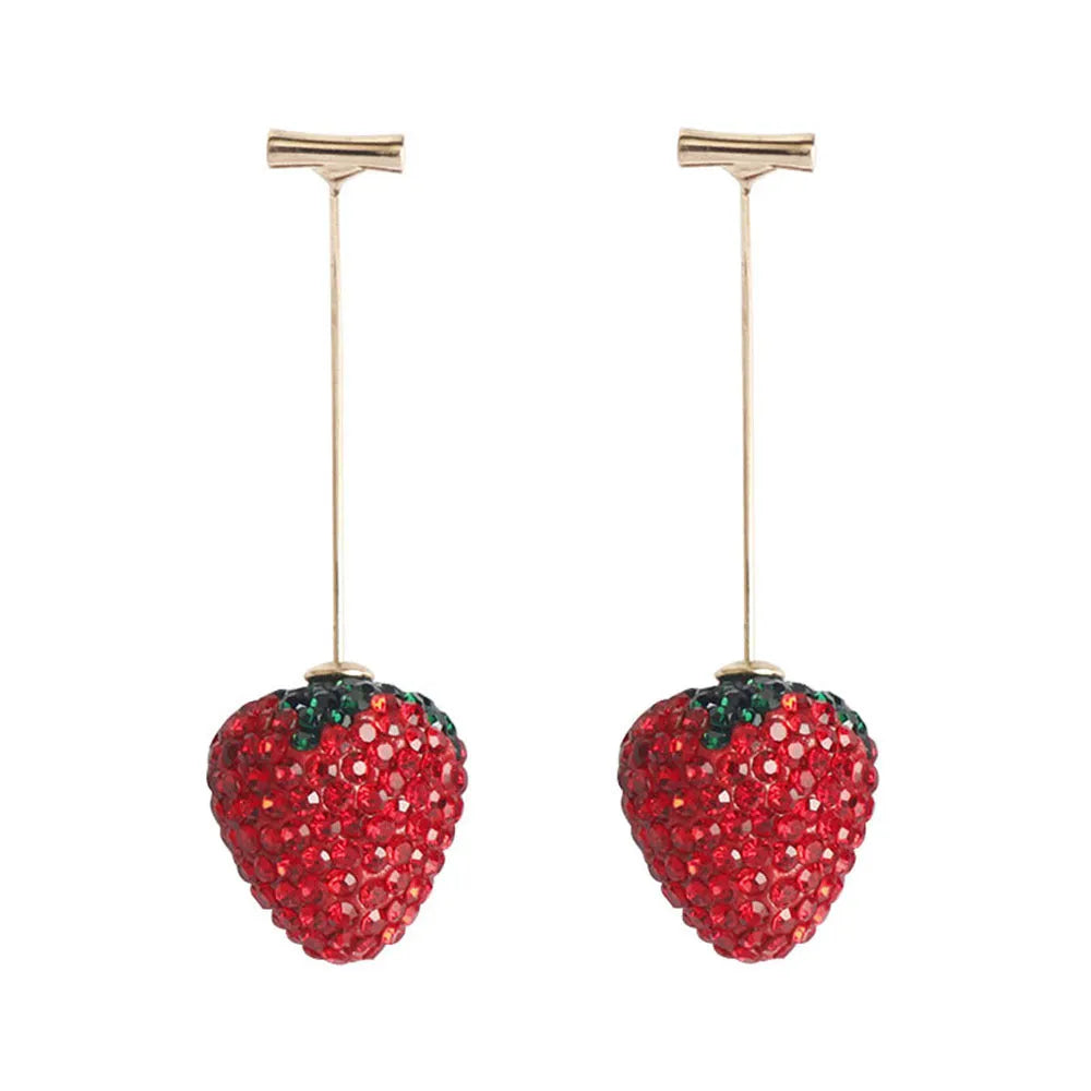 Red geometric strawberry earrings with spot drill detailing on zinc alloy