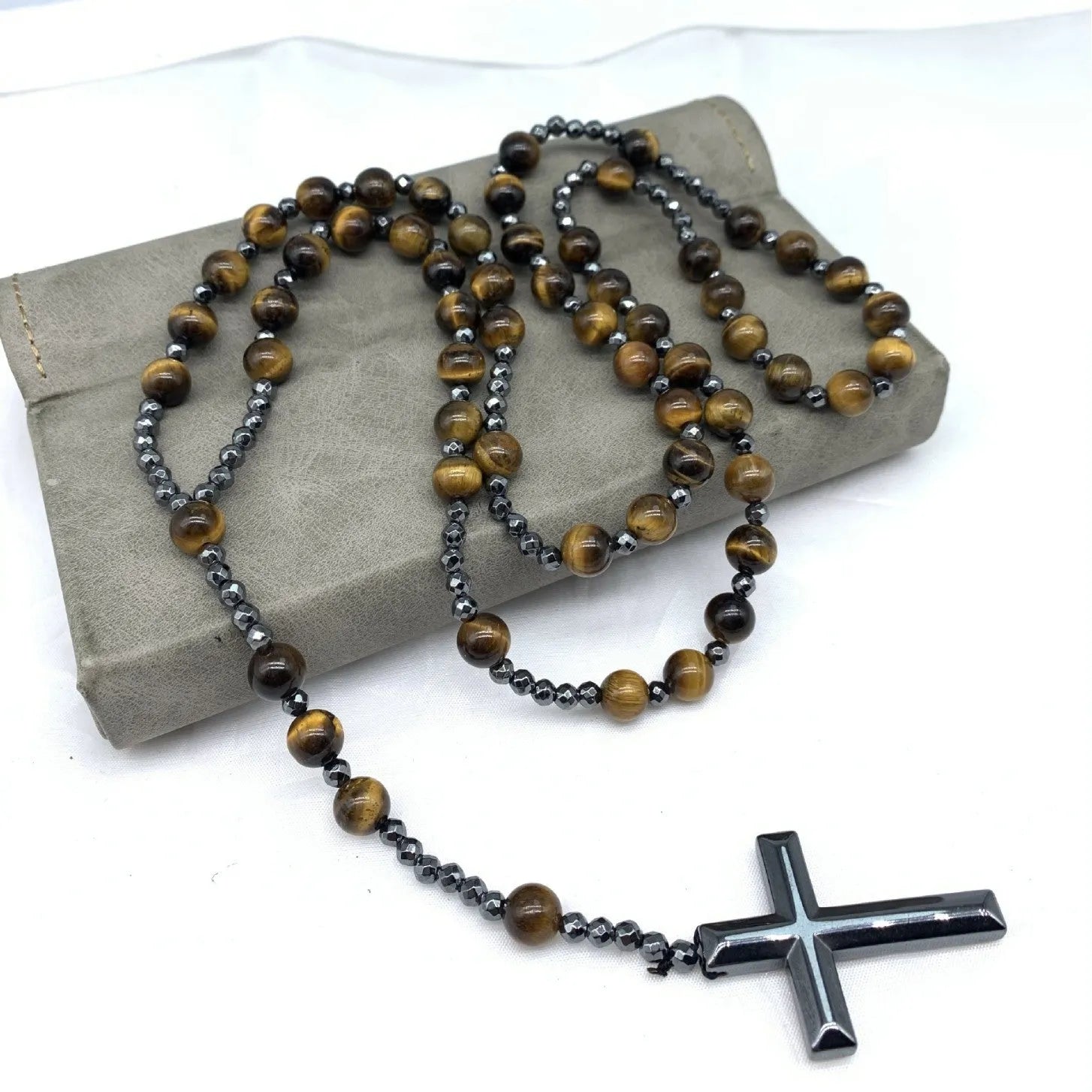 Men's stone cross pendant necklace on an 80cm ball bead chain with a safety lock