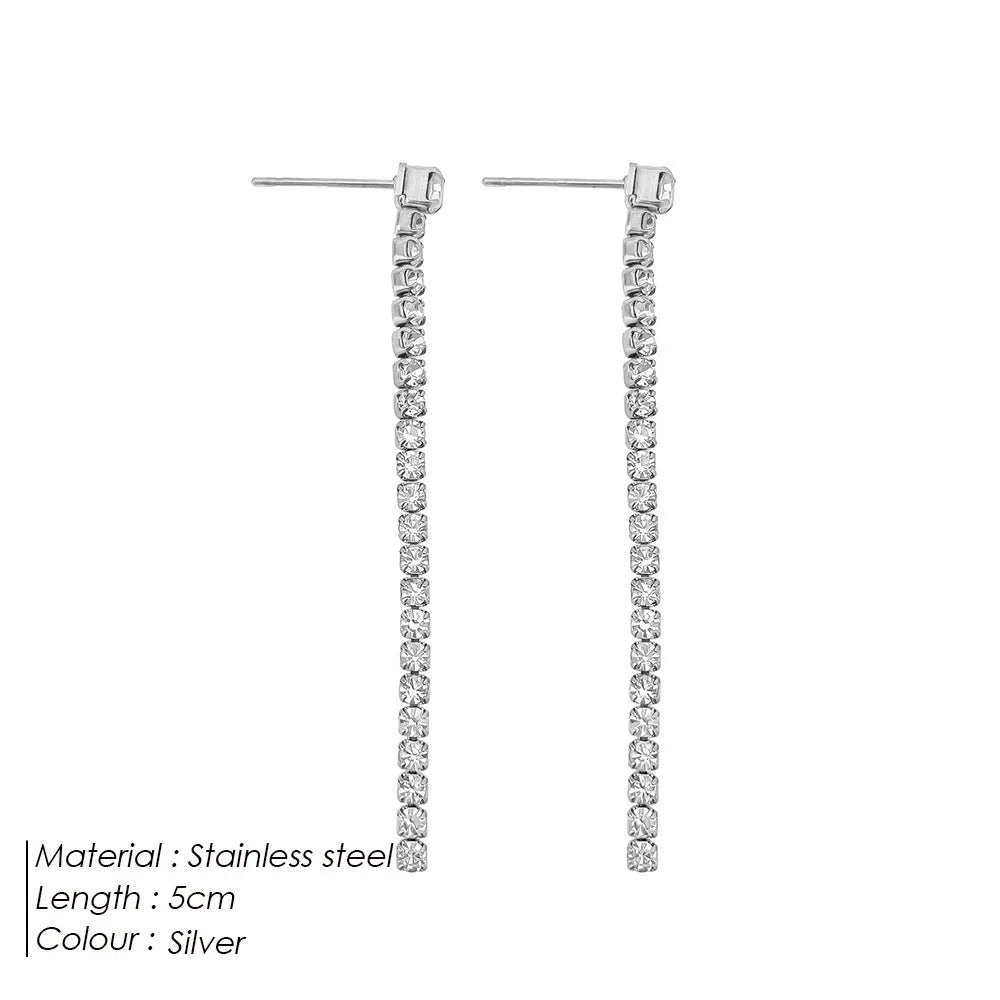 Geometric-shaped stainless steel zircon earrings for women in gold and steel colour options.