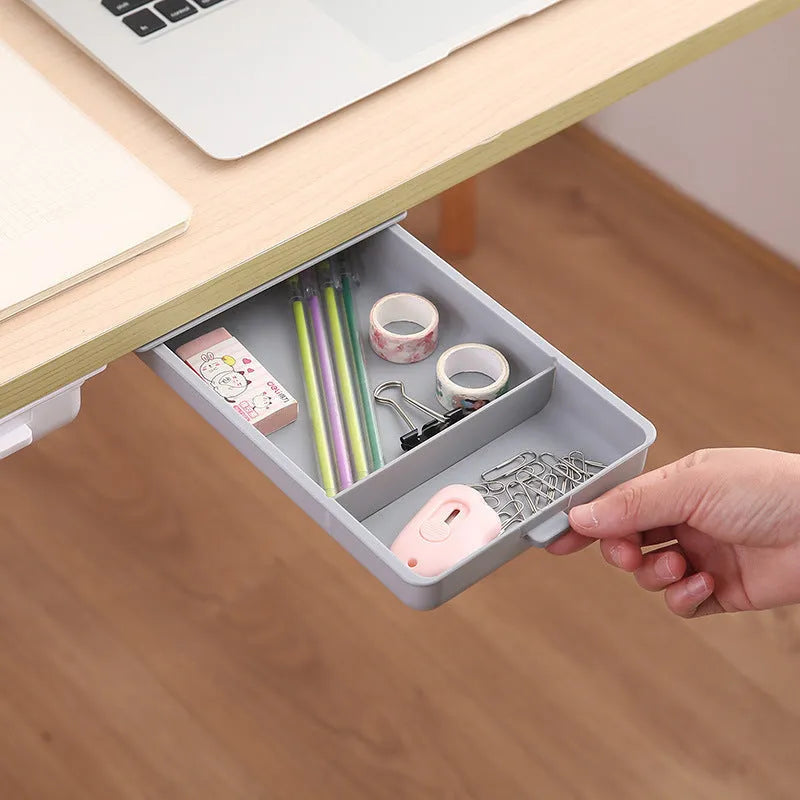 Plastic under table storage drawer with cover and grid compartments in multiple colour options
