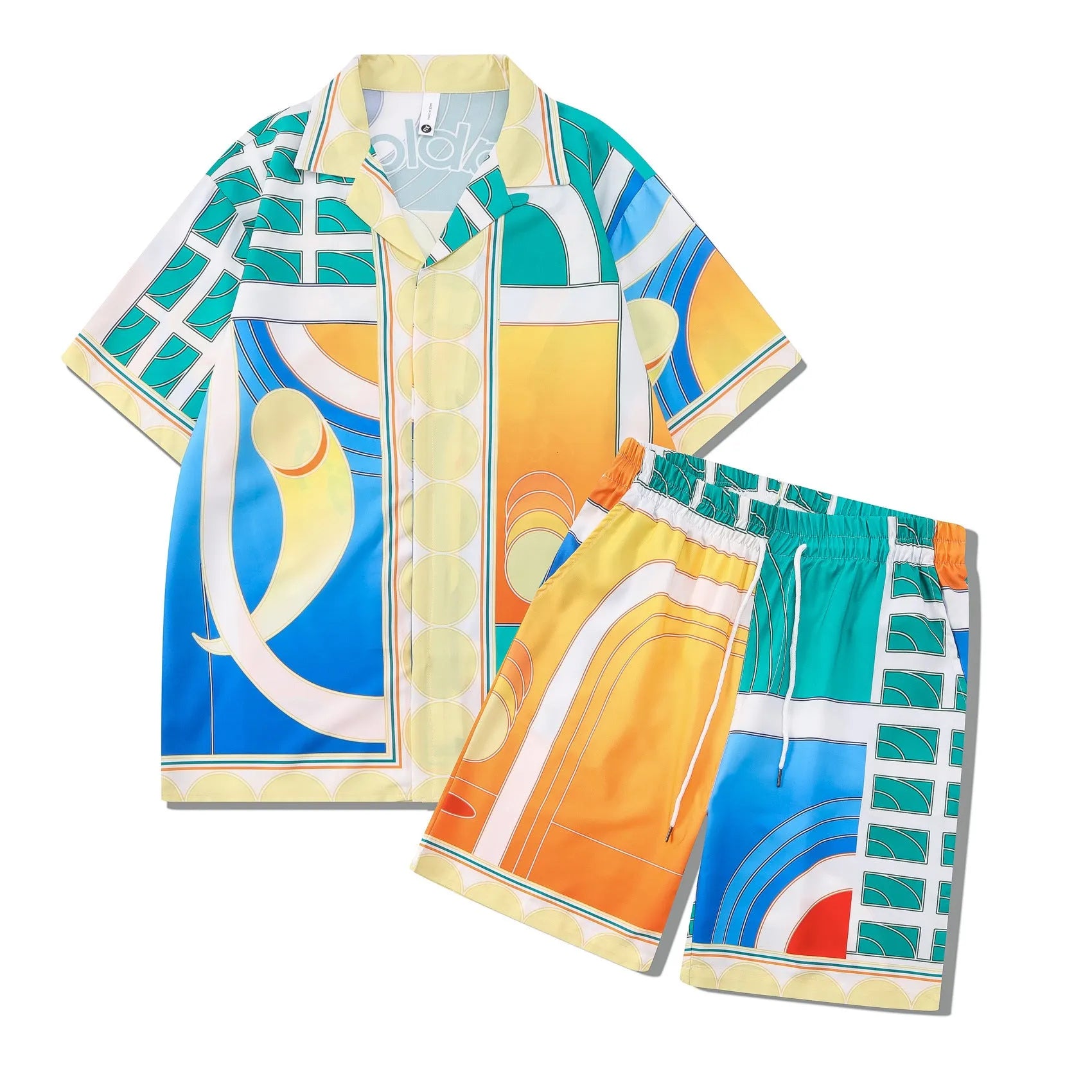 Men's plaid print polyester beach shirt and matching trousers casual outfit set.