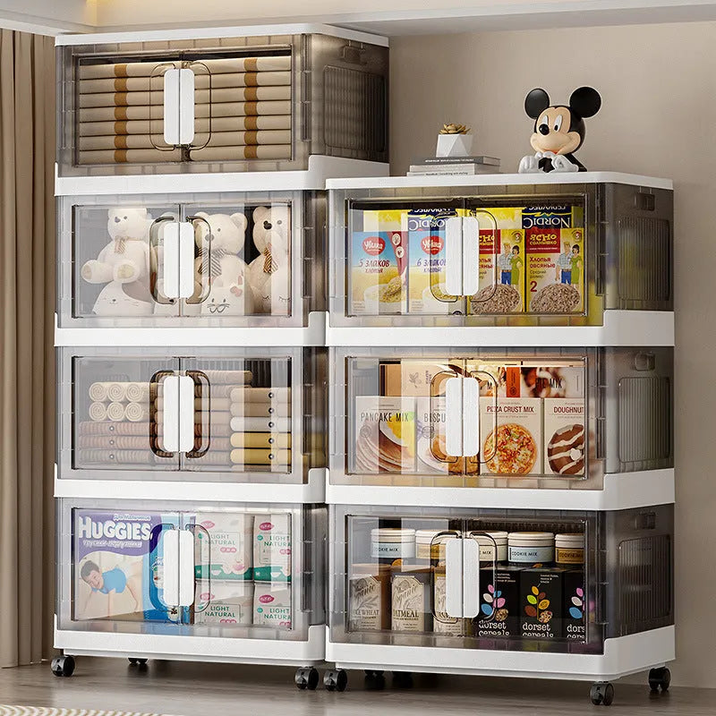 Foldable household storage locker with wheels in white colour with multiple storage layers