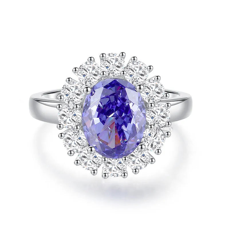 Heart-shaped high carbon diamond ice flower cut colour zircon stone set in a women's 925 sterling silver ring.