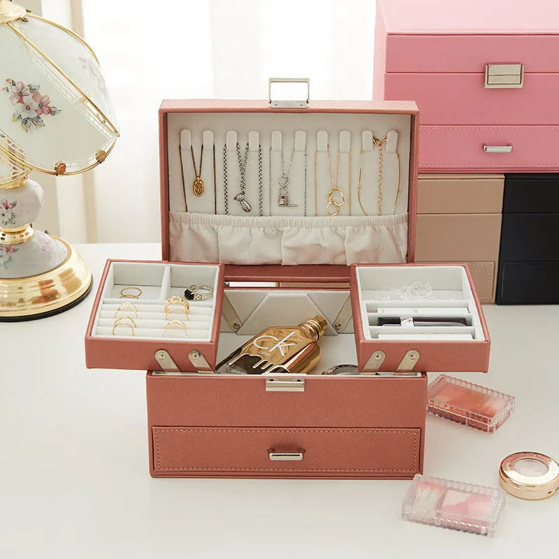 Solid colour hard PU leather jewelry storage box for earrings and necklaces.