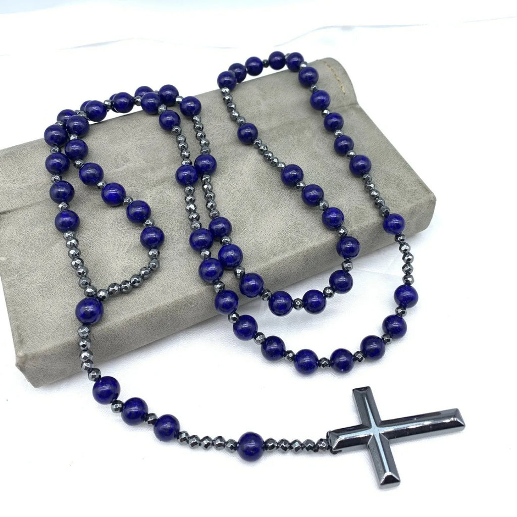 Men's stone cross pendant necklace on an 80cm ball bead chain with a safety lock