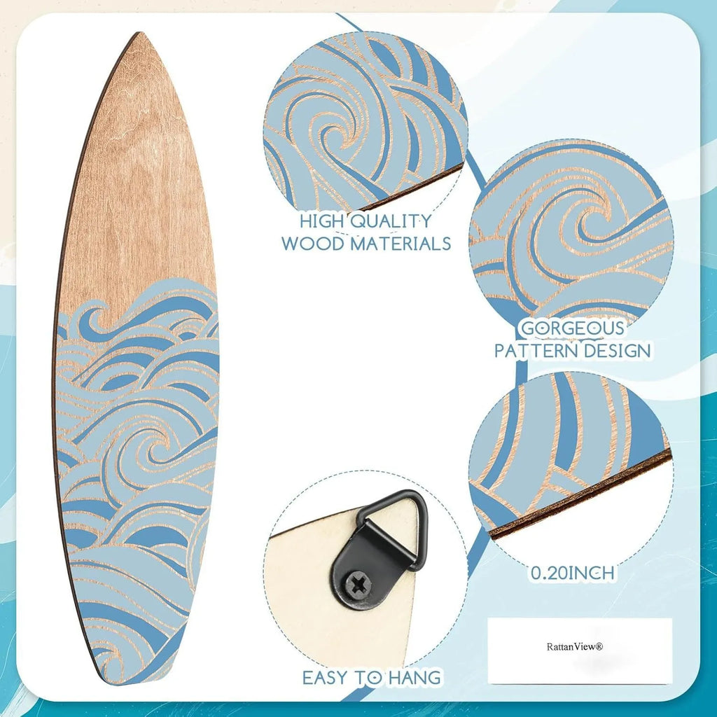 Three identical wooden surfboard wall decorations with European-style carving