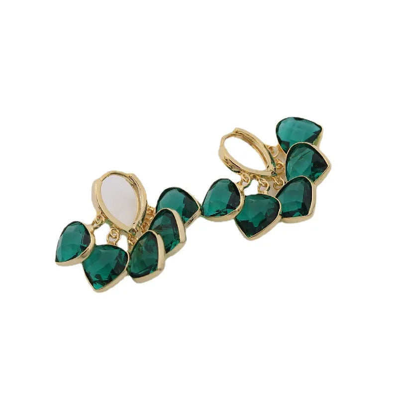 Green heart-shaped glass ear clip earrings with Korean style design and alloy accents