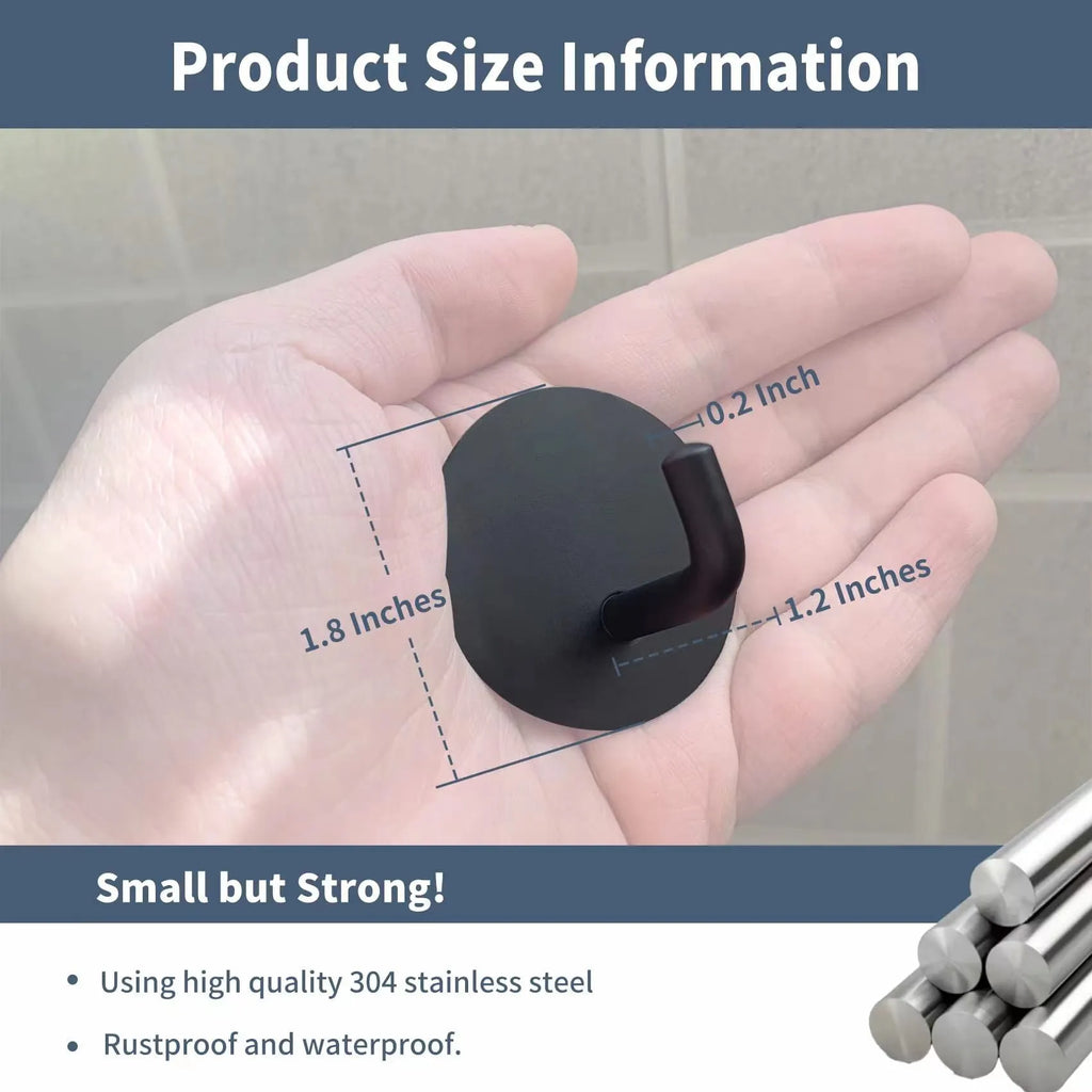 Stainless steel self-adhesive hook with a round design for bathrooms and kitchens, shown in black and polished finishes.