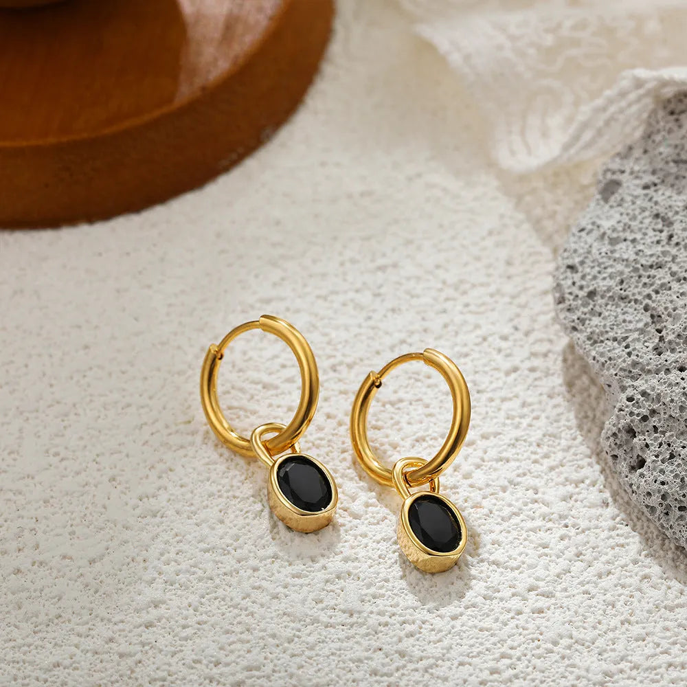 Women's retro oval zircon earrings in copper with ellipse detailing shown in six colour variants