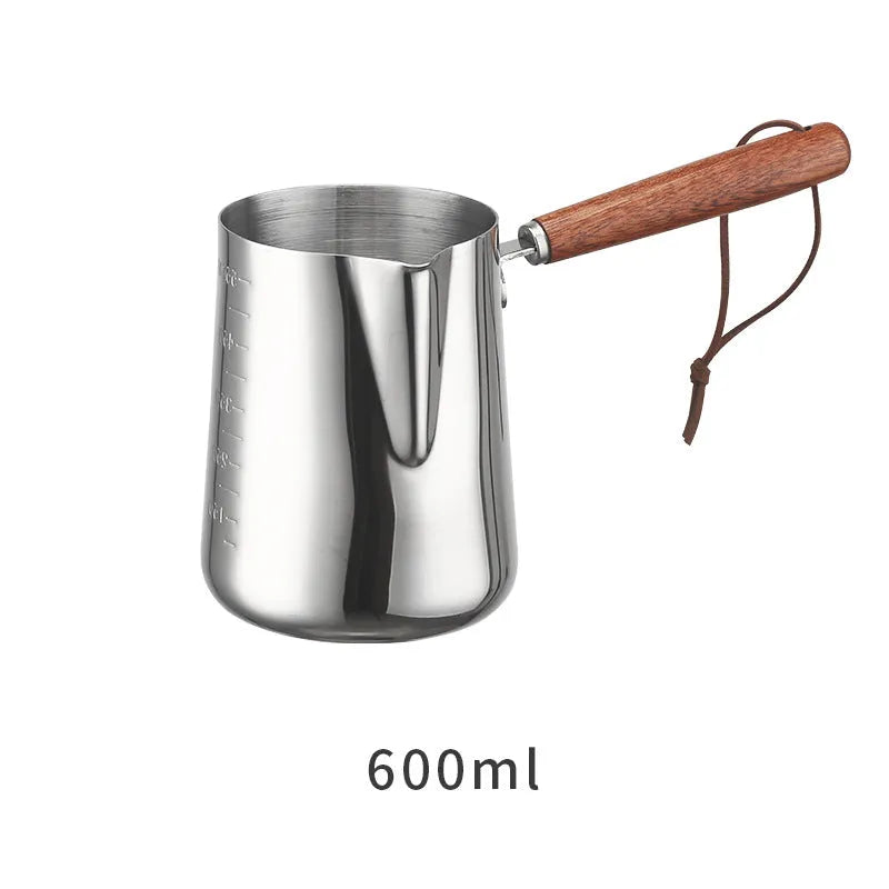 Stainless steel garland coffee cup with a scaled wooden handle shown in a simple, solid colour.