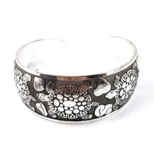 Ethnic carved open silver tone alloy bracelet with Roman shape in Turtle or Elephant colour option