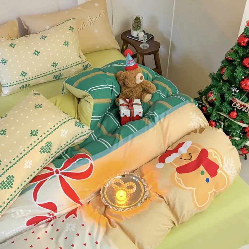 Christmas cartoon printed bedding four-piece set with gingerbread man designs on super soft washed cotton