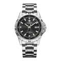 Silver men's business watch with luminous markers and stainless steel strap