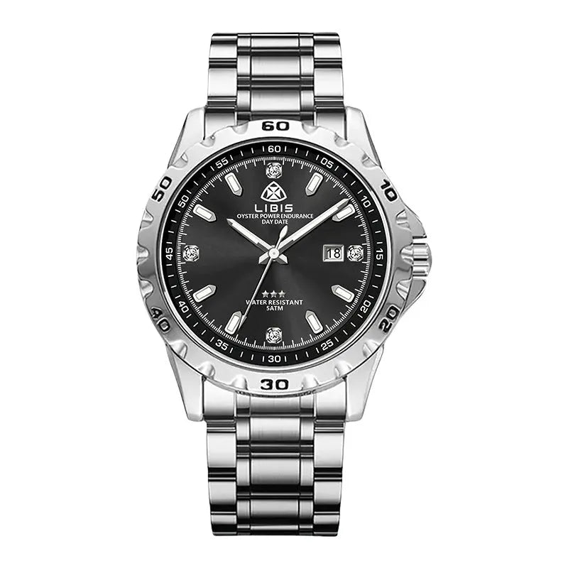 Silver men's business watch with luminous markers and stainless steel strap