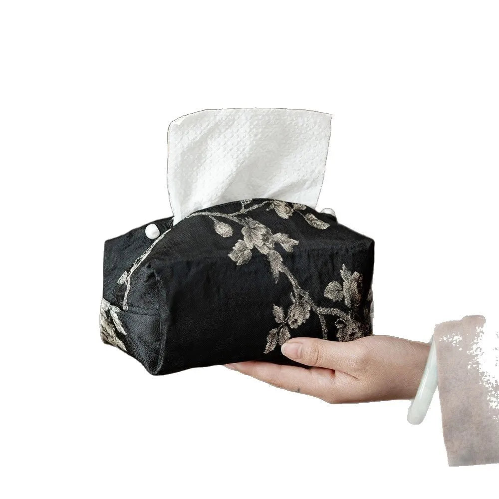 New Chinese brocade style fabric tissue box cover with white plum embroidery pattern.