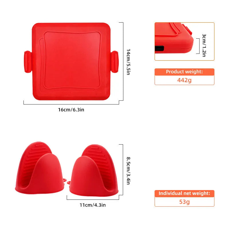 Red silicone baking tray with matching heat-resistant gloves on kitchen counter