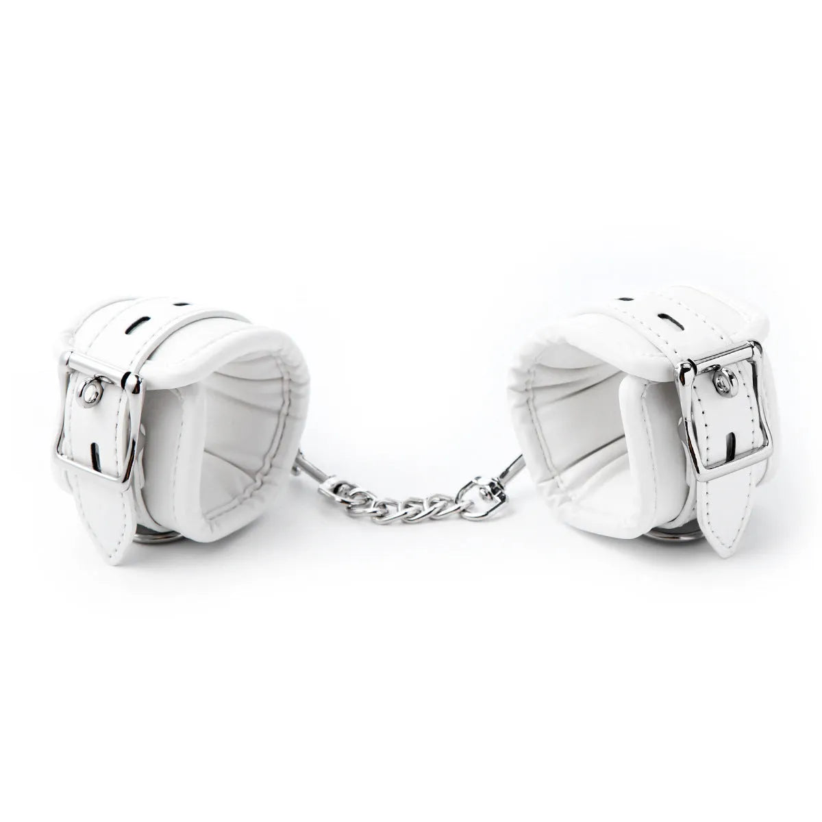 White PU sponge bondage set showing soft handcuffs, an ankle cuff, and a neck restraint.