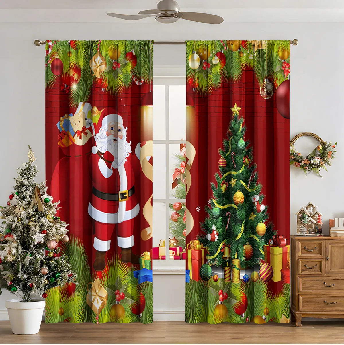 3D digital printed Christmas curtain in a modern European style, showing festive pattern and fabric texture.
