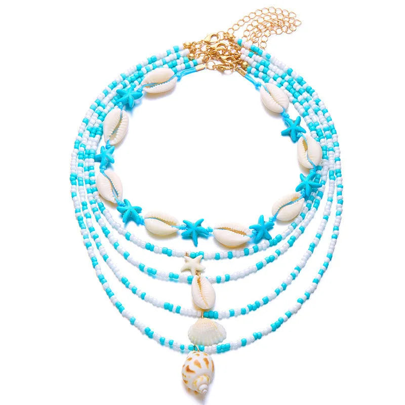 Women's multi-layer necklace set with blue shell pendants and beads, showing five coordinated designs