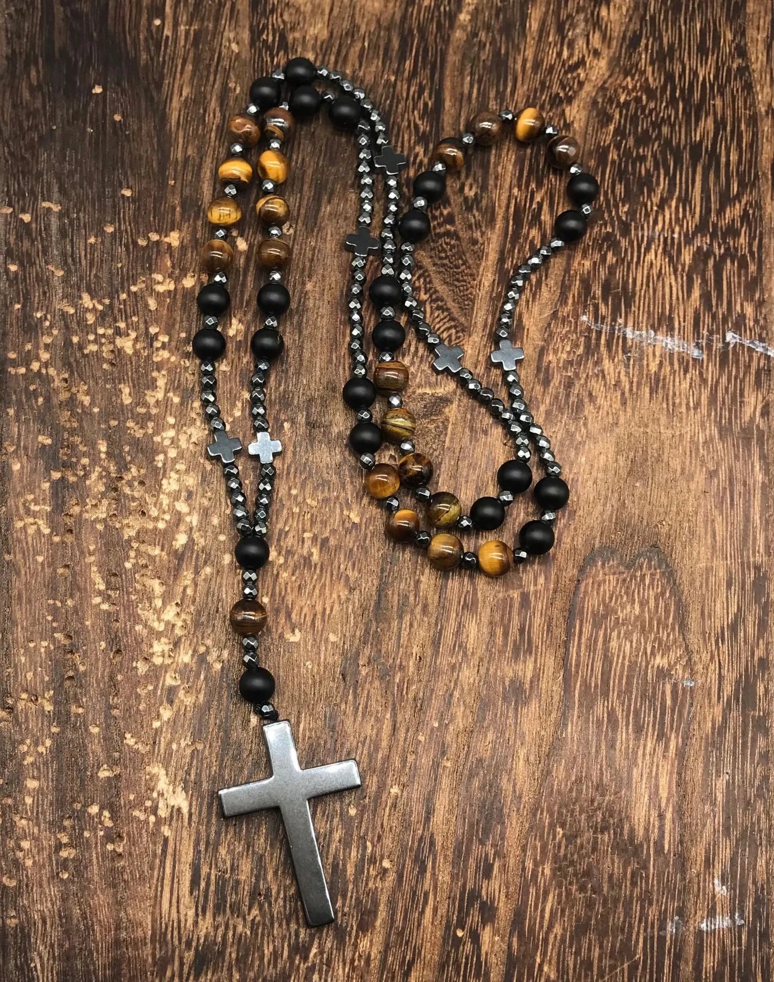 Men's stone cross pendant necklace on an 80cm ball bead chain with a safety lock