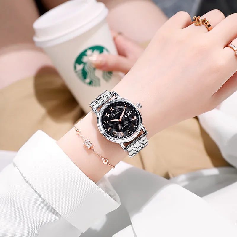 6023B automatic women's mechanical watch in steel and leather strap options on wrist