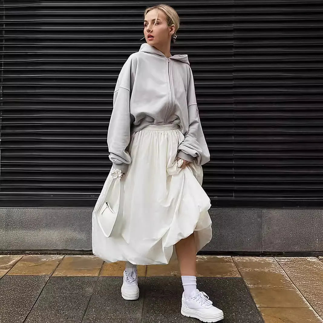 Women's solid colour cotton long skirt in black or white options