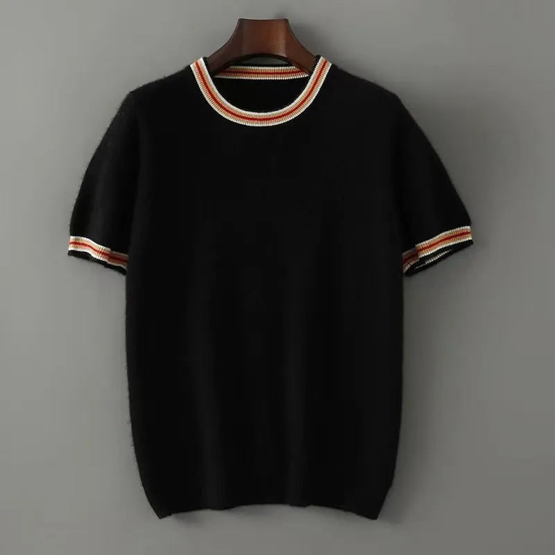 Men's pure wool short sleeve pullover sweater in round neck design shown in white, grey and black colours