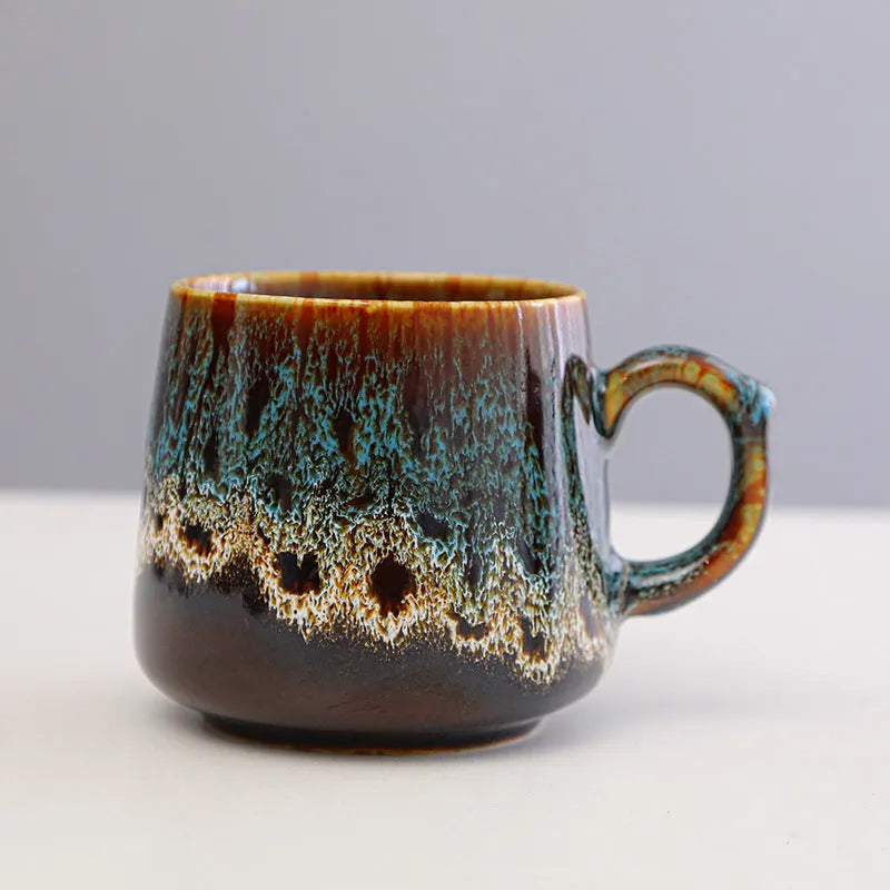 Large capacity mild luxury retro style ceramic coffee mug in one of four colour options.