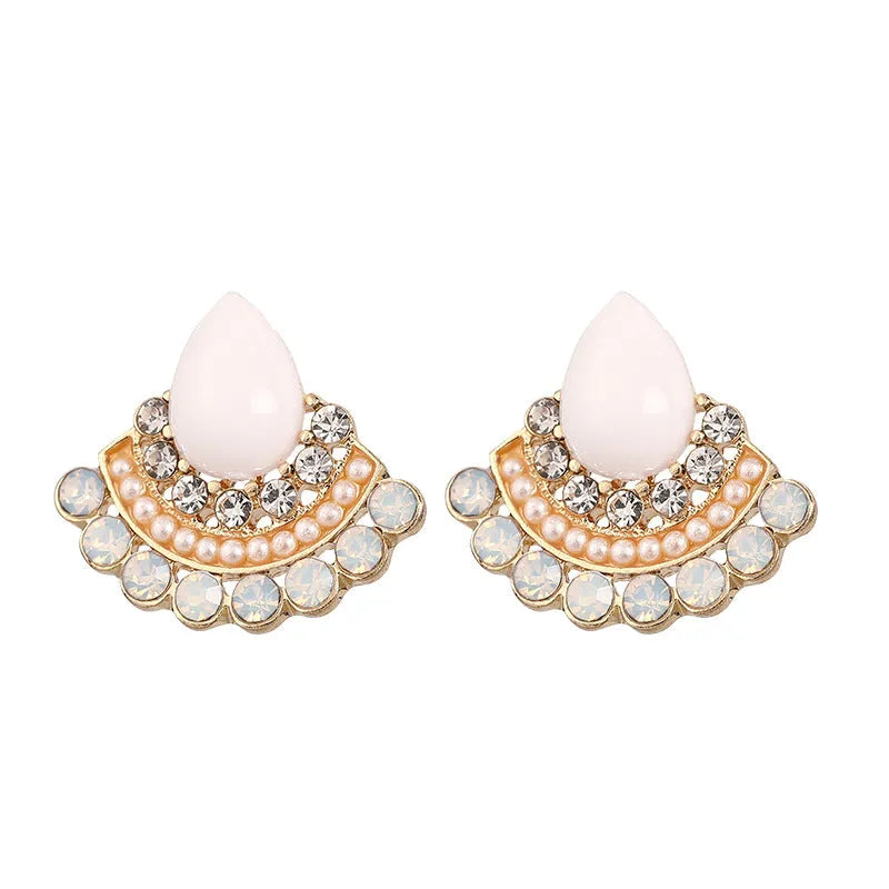 Women's silver retro fan-shaped earrings with opal rhinestone geometric design